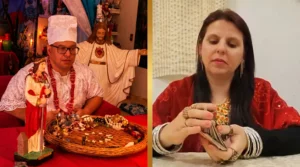 Pai Edemilson de Xangô com jogo de búzios e Mãe Josi de Yemanjá com cartas ciganas, especialistas em consulta espiritual do Reino dos Orixás