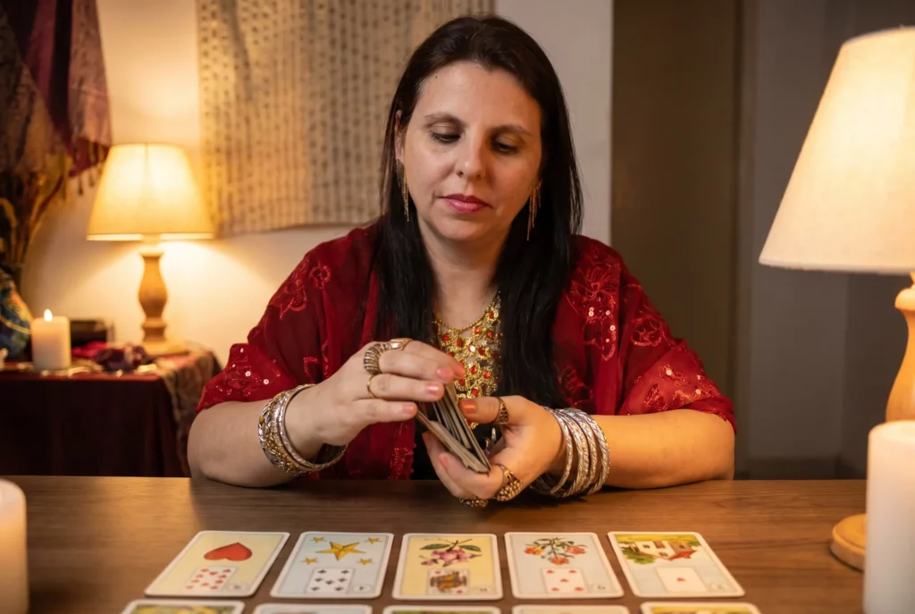 Mãe de Santo Josi de Yemanjá embaralhando cartas ciganas durante consulta espiritual, com cartas Lenormand abertas na mesa do Reino dos Orixás